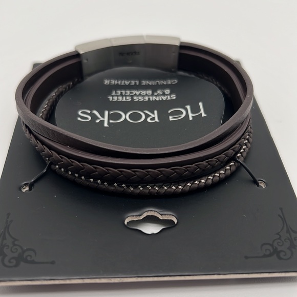 HE ROCKS Brown Leather and Stainless Steel Triple Wrap Bracelet - Picture 3 of 4